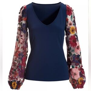 NWOT Boston Proper (sold out) Floral Embroidered Puffy sleeve Navy Top XS